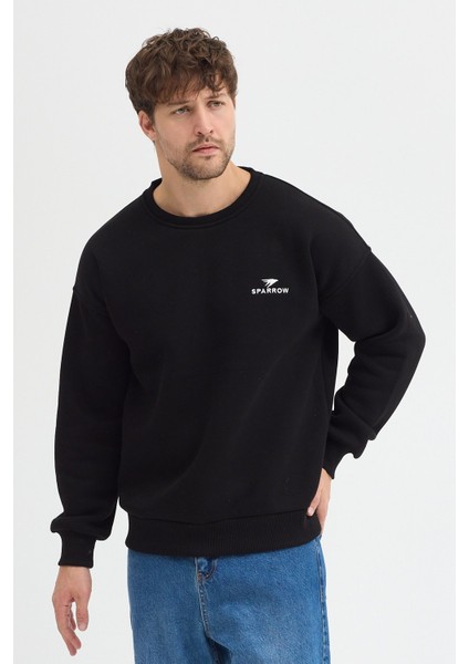 Oversize Bisiklet Yaka Şardonlu Erkek Sweatshirt 3 Iplik Pamuklu Siyah - M modelleri