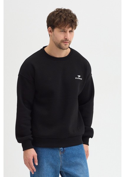 Oversize Bisiklet Yaka Şardonlu Erkek Sweatshirt 3 Iplik Pamuklu Siyah - M fırsatları