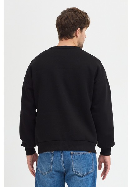 Oversize Bisiklet Yaka Şardonlu Erkek Sweatshirt 3 Iplik Pamuklu Siyah - M indirimleri