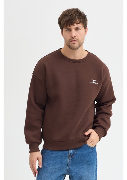 Oversize Bisiklet Yaka Şardonlu Erkek Sweatshirt 3 Iplik Pamuklu Kahverengi - Xl