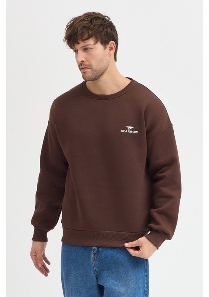 Oversize Bisiklet Yaka Şardonlu Erkek Sweatshirt 3 Iplik Pamuklu Kahverengi - Xl fiyatları