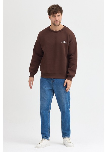 Oversize Bisiklet Yaka Şardonlu Erkek Sweatshirt 3 Iplik Pamuklu Kahverengi - Xl modelleri