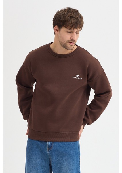 Oversize Bisiklet Yaka Şardonlu Erkek Sweatshirt 3 Iplik Pamuklu Kahverengi - Xl fırsatları