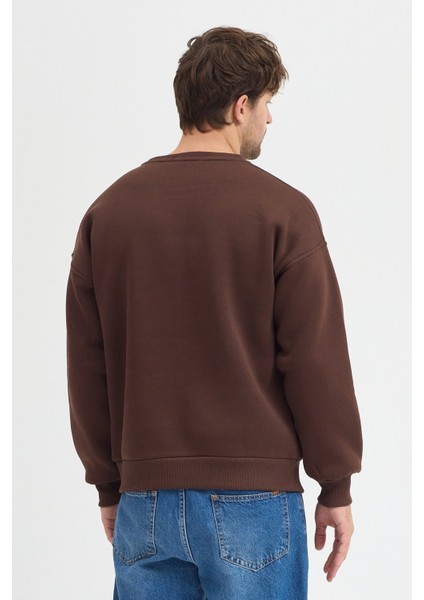 Oversize Bisiklet Yaka Şardonlu Erkek Sweatshirt 3 Iplik Pamuklu Kahverengi - Xl indirimleri