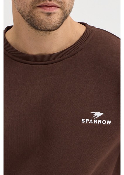 Oversize Bisiklet Yaka Şardonlu Erkek Sweatshirt 3 Iplik Pamuklu Kahverengi - Xl