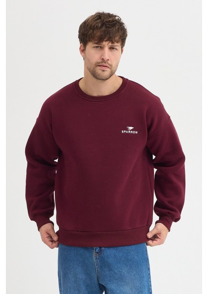 Oversize Bisiklet Yaka Şardonlu Erkek Sweatshirt 3 Iplik Pamuklu Bordo - L