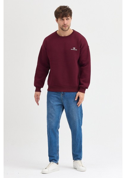 Oversize Bisiklet Yaka Şardonlu Erkek Sweatshirt 3 Iplik Pamuklu Bordo - L fiyatları