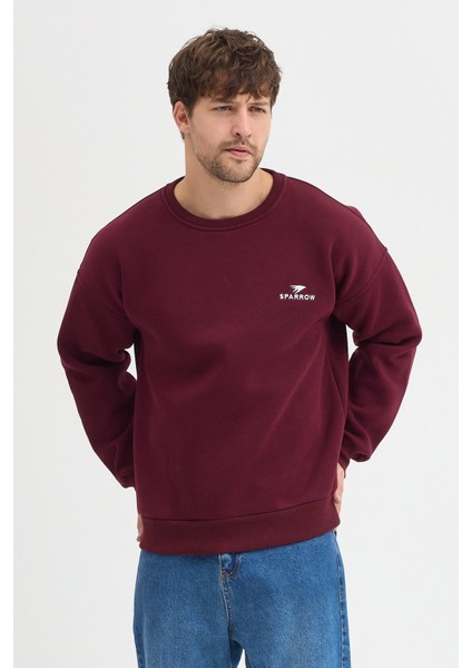 Oversize Bisiklet Yaka Şardonlu Erkek Sweatshirt 3 Iplik Pamuklu Bordo - L modelleri