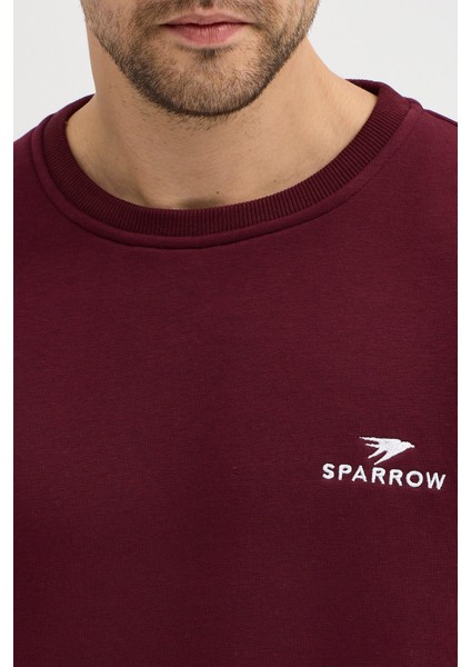 Oversize Bisiklet Yaka Şardonlu Erkek Sweatshirt 3 Iplik Pamuklu Bordo - L fırsatları
