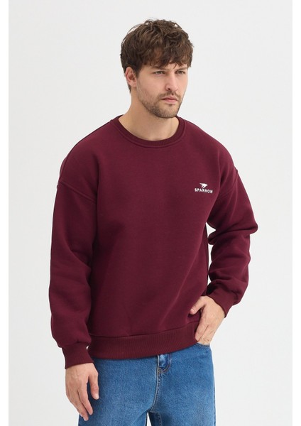 Oversize Bisiklet Yaka Şardonlu Erkek Sweatshirt 3 Iplik Pamuklu Bordo - L indirimleri
