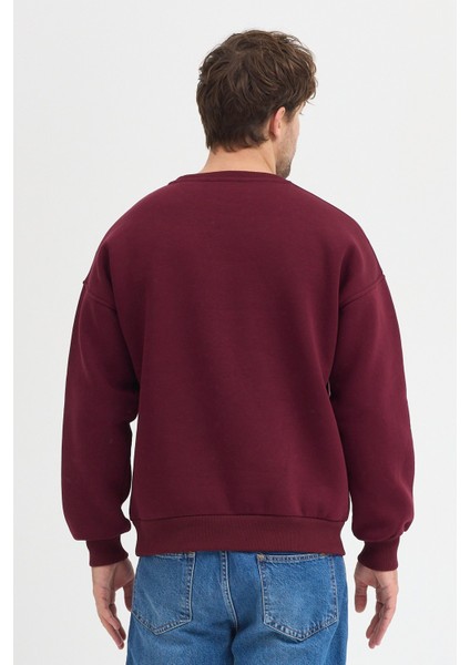 Oversize Bisiklet Yaka Şardonlu Erkek Sweatshirt 3 Iplik Pamuklu Bordo - L