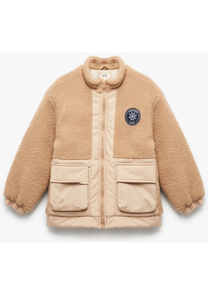 Uzun Kollu Dik Yaka Fermuarlı Cepli Polar Detaylı Ceket