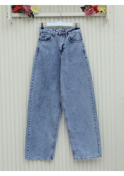 Cepli Bol Paça Fermuarlı Kot Pantolon -Buz Mavi