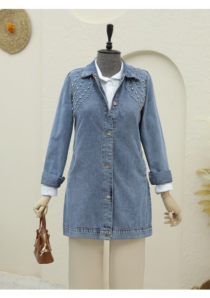 Büyük Taş Detaylı Düğmeli Cepli Kot Ceket -Buz Mavi