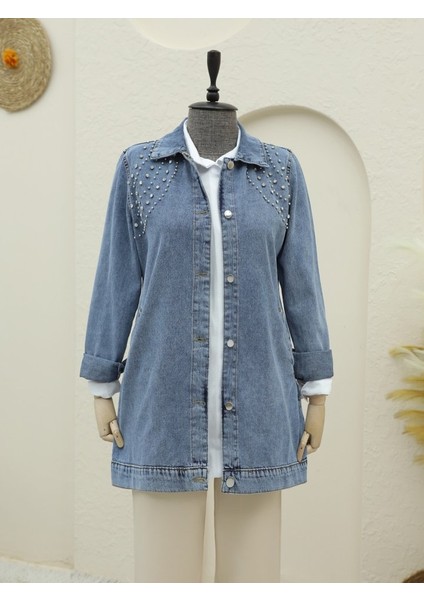 Büyük Taş Detaylı Düğmeli Cepli Kot Ceket -Buz Mavi fiyatları