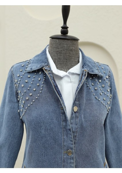 Büyük Taş Detaylı Düğmeli Cepli Kot Ceket -Buz Mavi modelleri