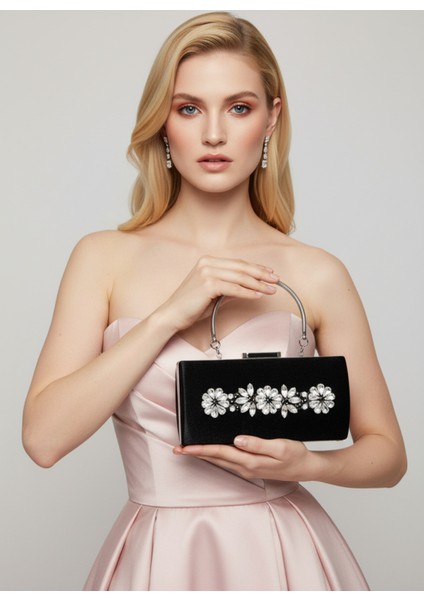 Siyah Kristal Gümüş Taşlı Saten Abiye Çanta, Metal Saplı Şıklık