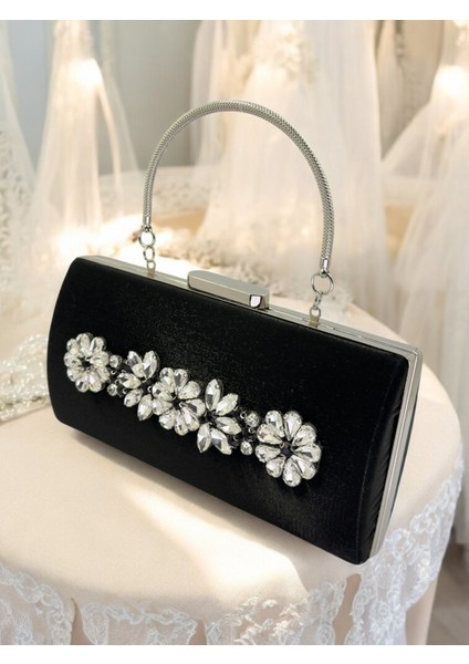 Siyah Kristal Gümüş Taşlı Saten Abiye Çanta, Metal Saplı Şıklık fiyatları