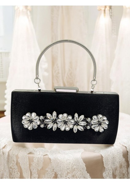 Siyah Kristal Gümüş Taşlı Saten Abiye Çanta, Metal Saplı Şıklık modelleri