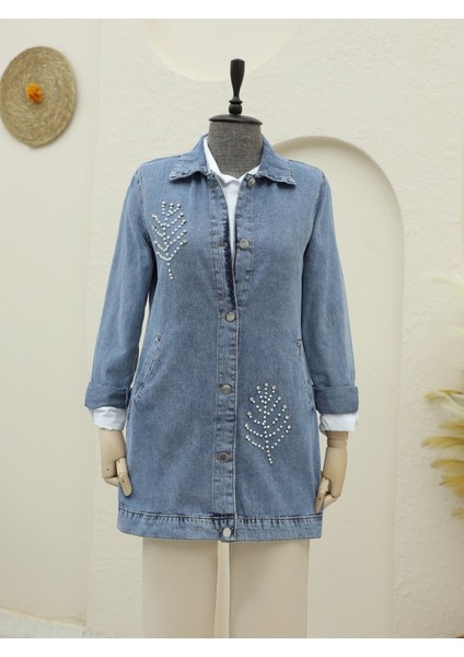 Yaprak Taş Detaylı Kot Ceket -Buz Mavi