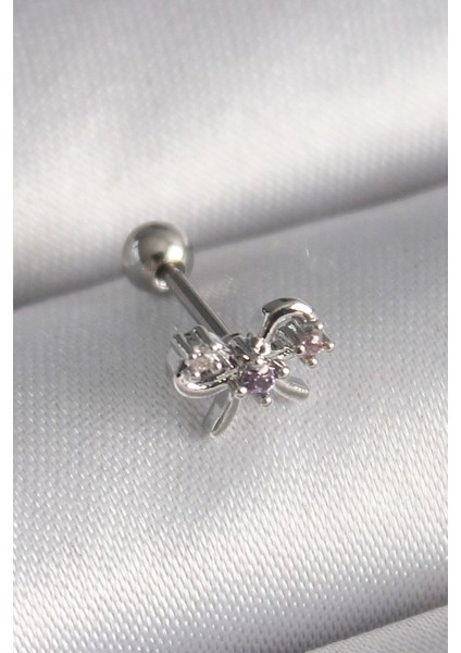 316L Çelik Gümüş Renk Zirkon Taşlı Kurdele Tragus Piercing