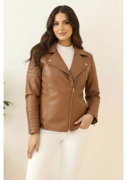 Yeni Sezon Kadın Deri Polar Astarlı Mont KS2558 Taba - 40