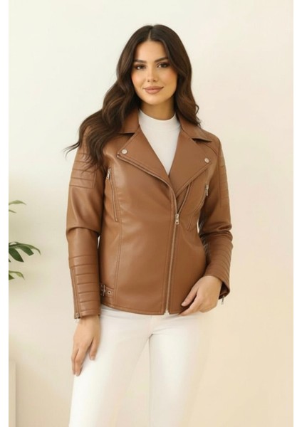 Yeni Sezon Kadın Deri Polar Astarlı Mont KS2558 Taba - 40 modelleri