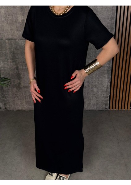 Kadın Kısa Kollu Bisiklet Yaka Yırtmaçlı Viskon Iki Iplik Elbise fırsatları