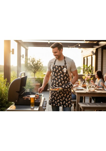 2'li Set Pizza Mutfak Önlüğü Fırın Eldiveni , Bira Mutfak Önlüğü Fırın Eldiveni