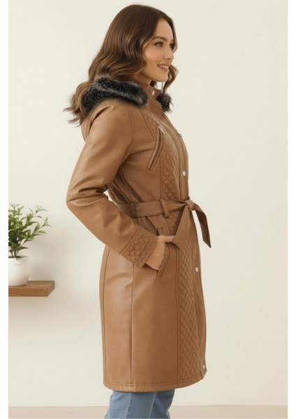 Deri Kapüşonlu Polar Astarlı Yeni Sezon Kadın Mont KS2559 Taba - 40 fiyatları
