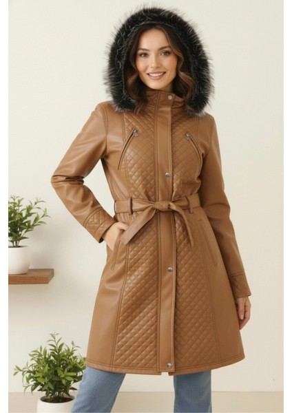 Deri Kapüşonlu Polar Astarlı Yeni Sezon Kadın Mont KS2559 Taba - 40 modelleri