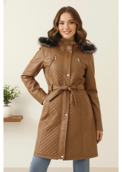 Deri Kapüşonlu Polar Astarlı Yeni Sezon Kadın Mont KS2559 Taba - 40 fırsatları