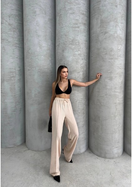 Xmpdby Çımalı Keten Pantolon Bej (Beden: M)