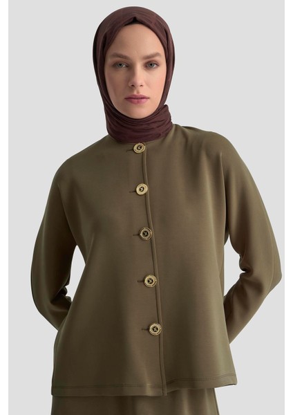 Düğme Detaylı Örme Takım 25KD1805 Haki