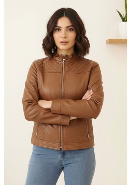 Polar Astarlı Deri Yeni Sezon Kadın Mont KS2556 Taba - 42