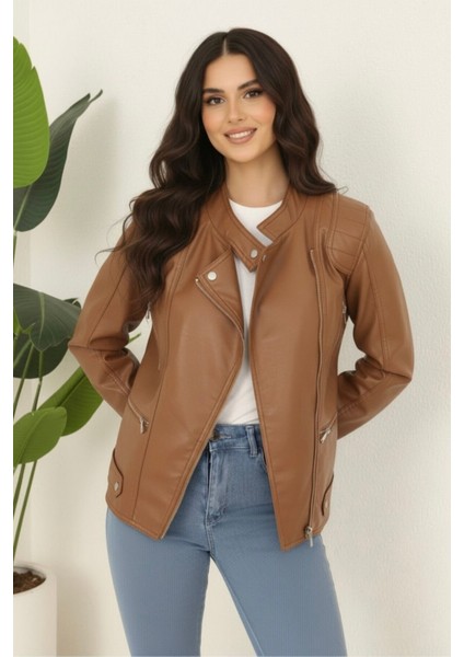 Kadın Deri Polar Astarlı Yeni Sezon Mont KS2557 Taba - 38 modelleri