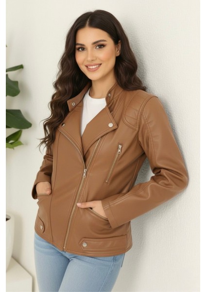 Kadın Deri Polar Astarlı Yeni Sezon Mont KS2557 Taba - 38 fırsatları