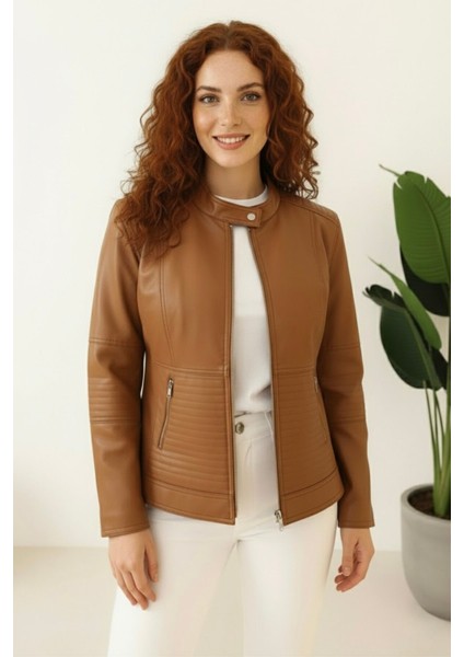 Yeni Sezon Polar Astarlı Kadın Suni Mont KS2554 Taba - 38