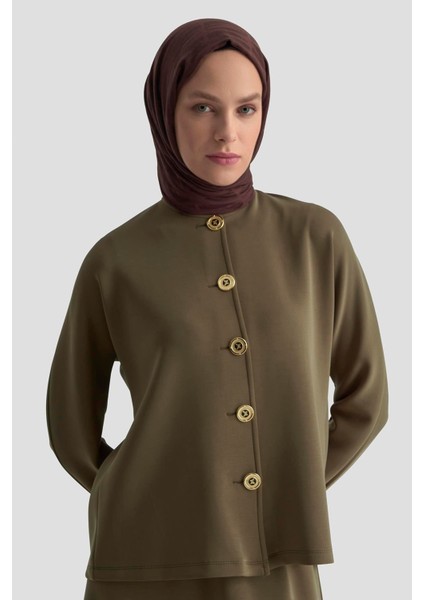 Düğme Detaylı Örme Takım 25KD1805 Haki modelleri