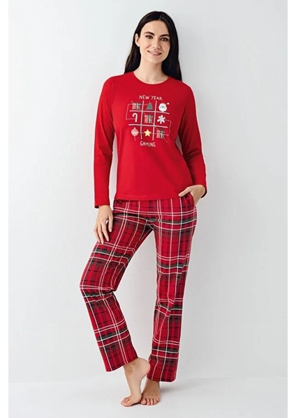 Kadın Yılbaşı Temalı %100 Pamuklu Uzun Kollu Bisiklet Yaka Pijama Takımı