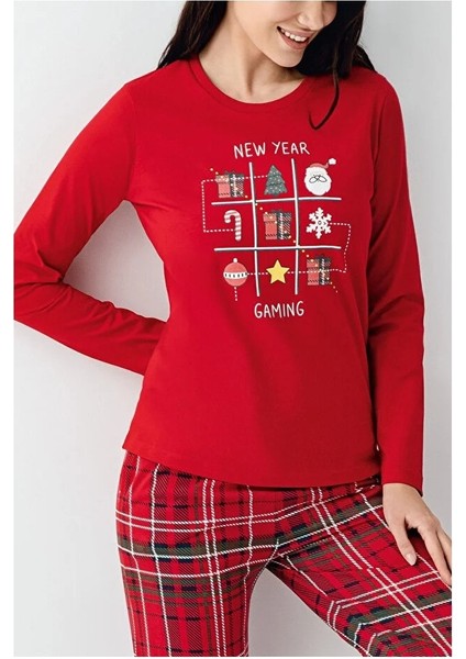Kadın Yılbaşı Temalı %100 Pamuklu Uzun Kollu Bisiklet Yaka Pijama Takımı fiyatları