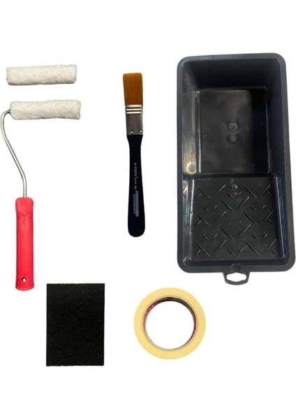 Ekonomik Kadife Rulo Fırça Seti 10 cm + Sünger Zımpara + Maskeleme Kağıt Bant + Zemin Fırça 2 cm Tek Ebat