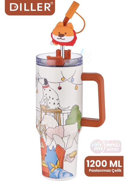 Dıller Quencher Cup 1200 ml Pipetli/rahat Içim Kulplu Paslanmaz Çelik Termos -FFDILLERD9222