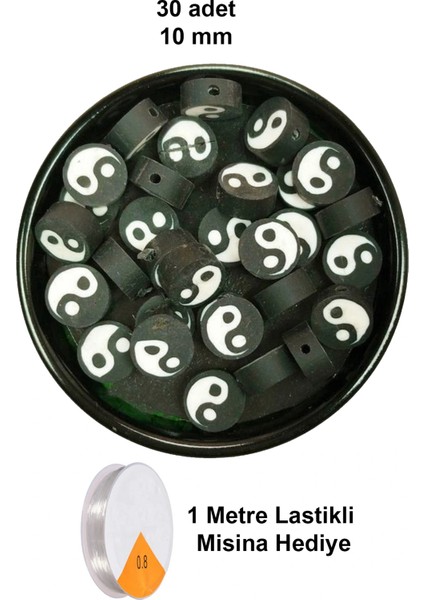 30 Adet 10 mm Polimer Kil Fimo Boncuk Takı Bileklik + 1 Metre Lastikli Misina Hediye - Yin Yang