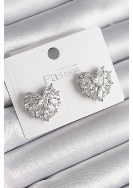 Pirinç Gümüş Renk Zirkon Taşlı Kalp Model Kadın Küpe