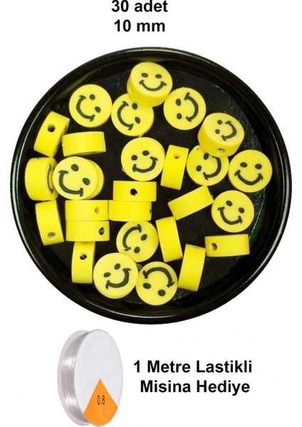 30 Adet 10 mm Polimer Kil Fimo Boncuk Takı Bileklik + 1 Metre Lastikli Misina Hediye - Gülen Yüz Smile