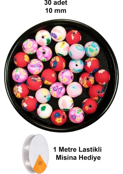 30 Adet 10 mm Polimer Kil Fimo Boncuk Takı Bileklik + 1 Metre Lastikli Misina Hediye - Desenli Yuvarlak