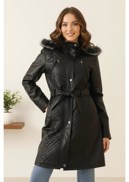 Deri Kapüşonlu Polar Astarlı Yeni Sezon Kadın Mont KS2559 Siyah - 40