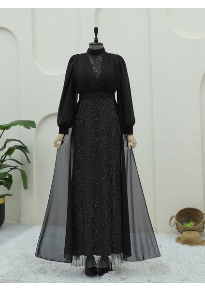 Boncuk ve Pul Detaylı Kemerli Şifon Abiye -Siyah