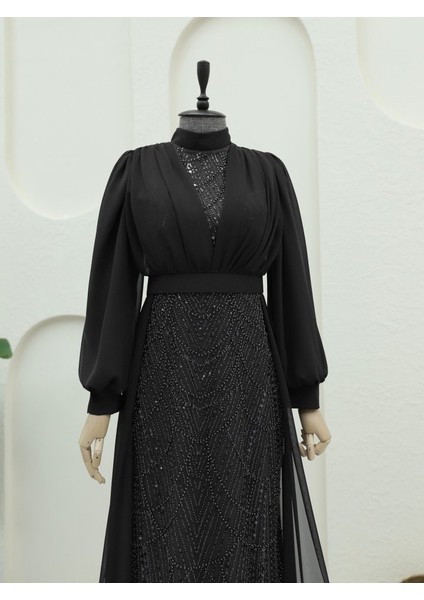 Boncuk ve Pul Detaylı Kemerli Şifon Abiye -Siyah fiyatları